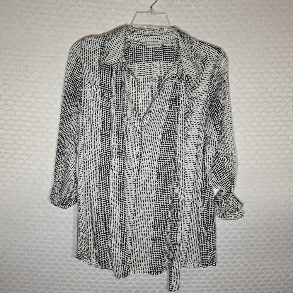 Liz Claiborne Womens Black White Geometric Dot Roll Tab Sleeve Blouse Large